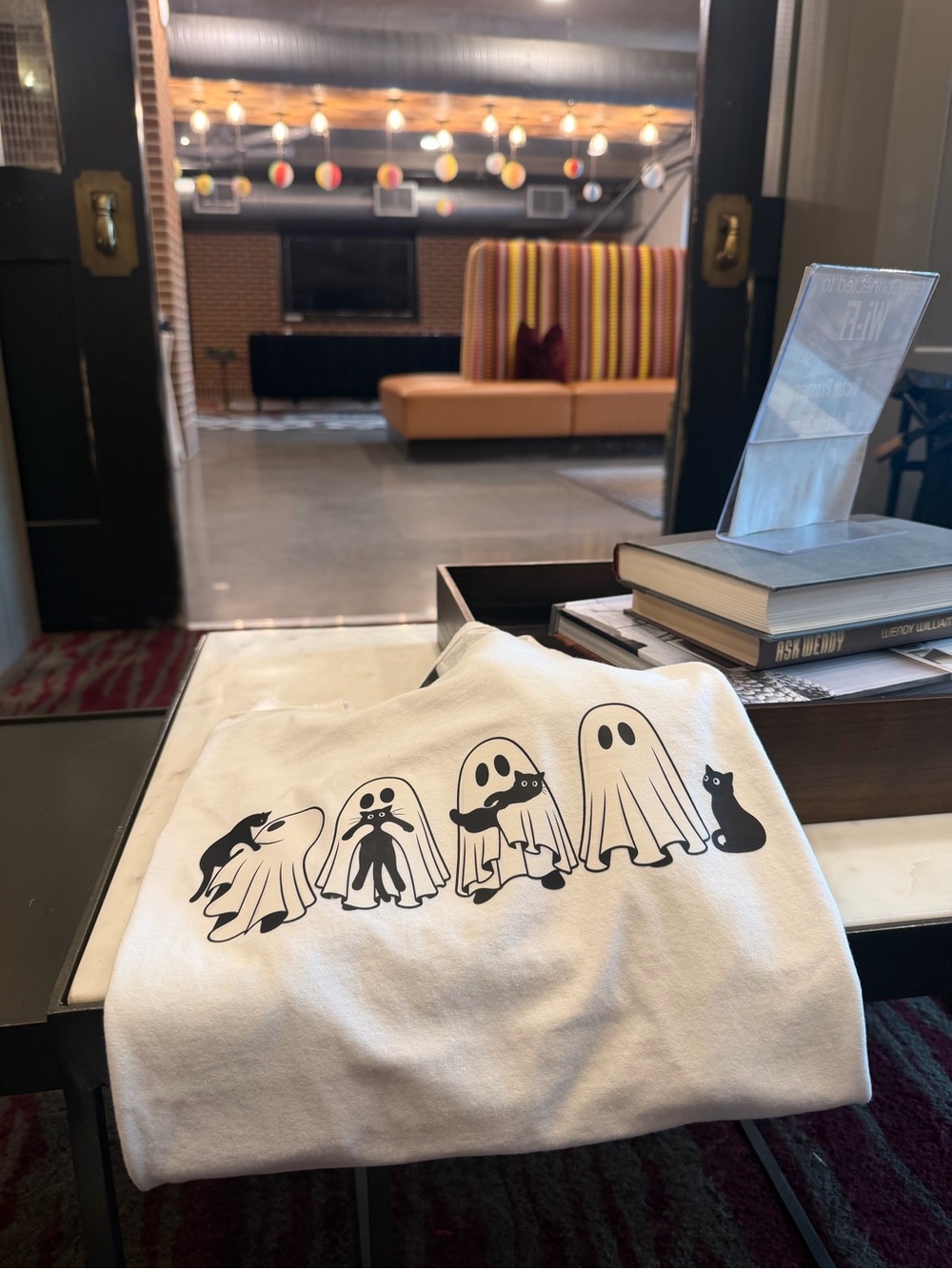 Halloween Ghost With Cats Graphic T- Shirt 100% Cotton Unisex